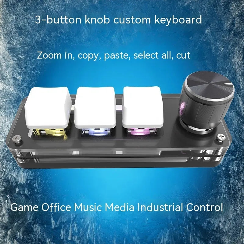 Black macro keypad with RGB backlit keys for copy paste commands beside USB cable