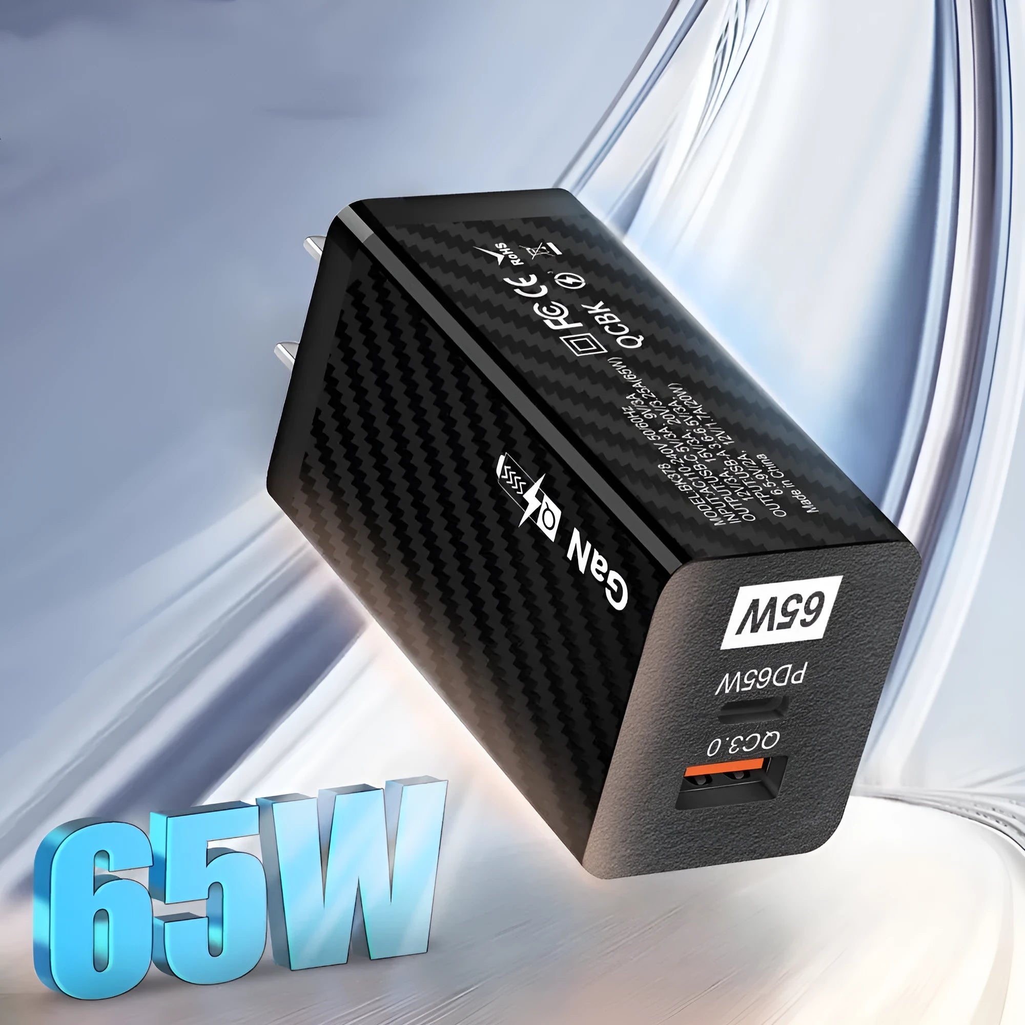 Black and white Gallium Nitride 65W USB-C charger with EU, UK, US plug attachments