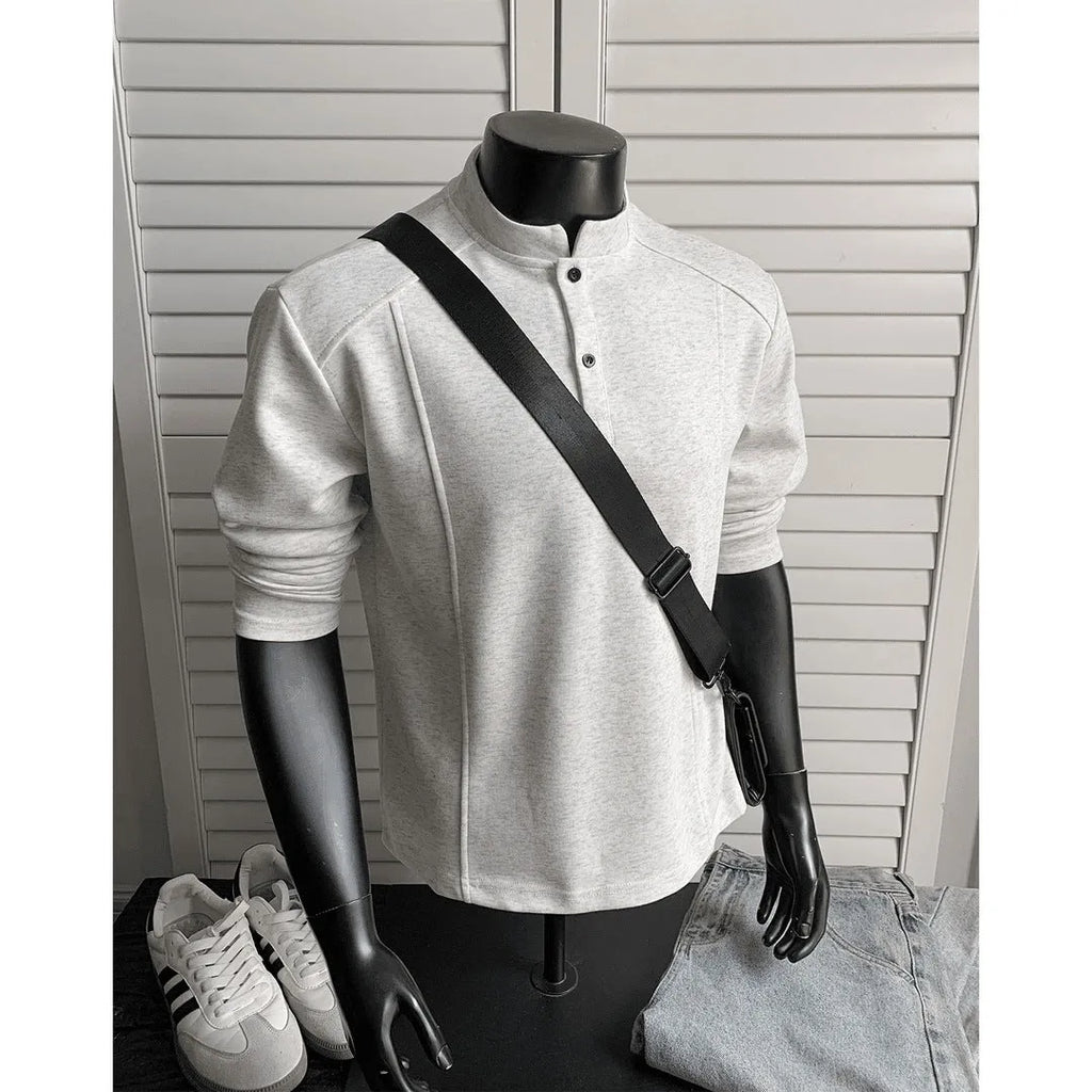 Men's long sleeve patchwork sweater with stand-up collar in heather gray Chinese cotton fabric