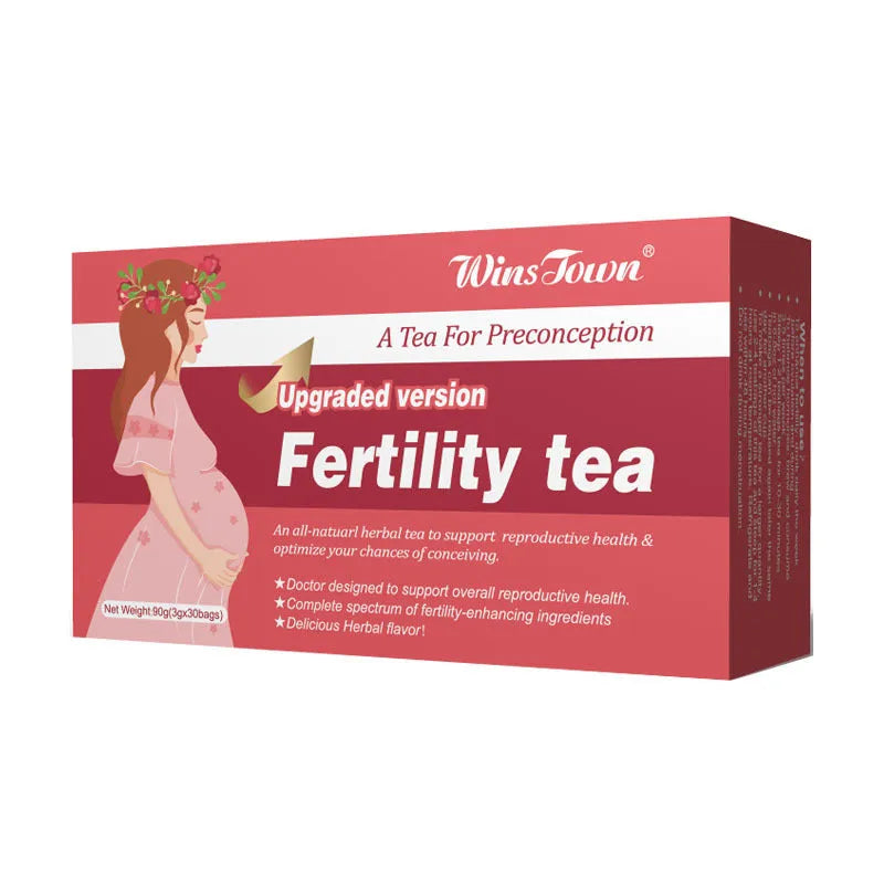 Fertility tea box with 3x30 bag packaging showing 90 individual tea bags for reproductive wellness support