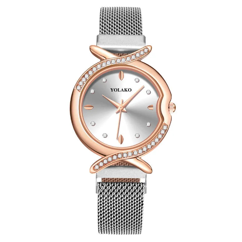 Ladies quartz watch with 32mm round dial, metal strap, magnetic buckle, and 24-hour indication in red, blue, black, silver, pink rose gold, or rose gold.
