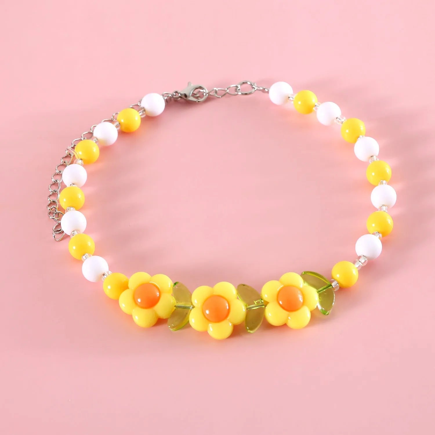 Adjustable colourful beads plastic cat necklace in peach, rainbow and small flower designs