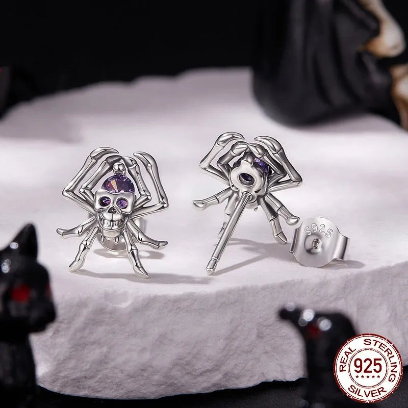 Pair of Halloween skull spider stud earrings in 925 sterling silver with zircon inlay, colour SCE1964