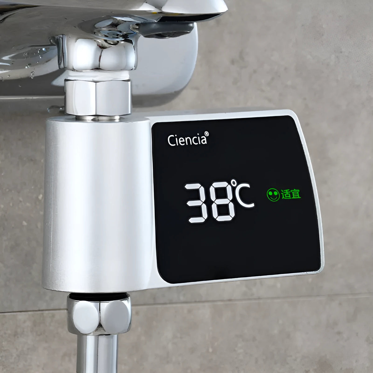 Plastic visual shower faucet water thermometer in black, blue, pink, or silver, 16cm x 11.5cm x 5cm