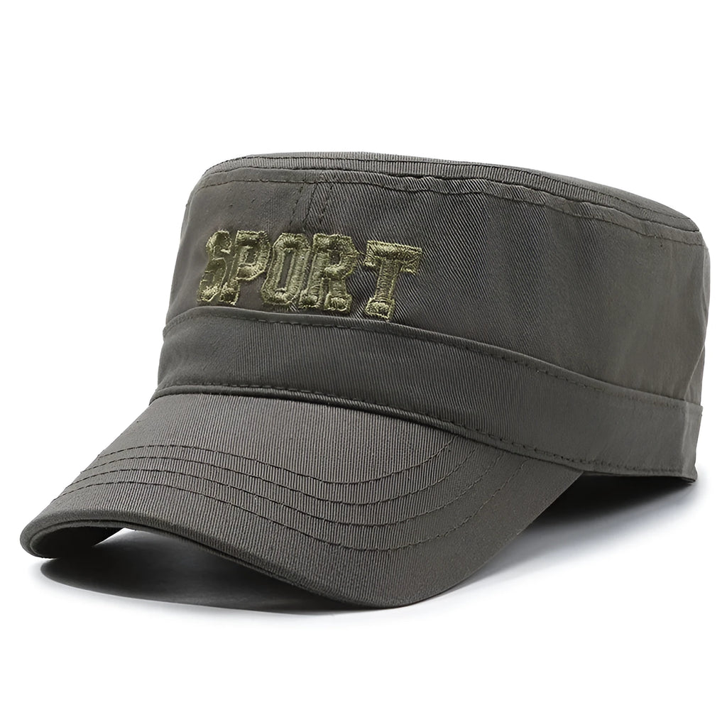 Cotton flat-top peaked cap in army green colour showing adjustable strap and dome crown