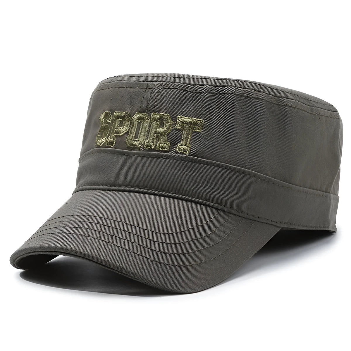 Cotton flat-top peaked cap in army green colour showing adjustable strap and dome crown