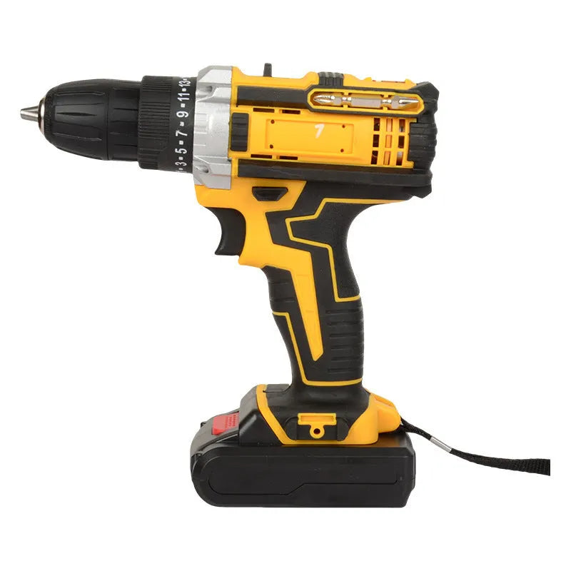 Multifunctional lithium electric drill screwdriver set with rechargeable battery, three-jaw chuck, and plastic storage box.