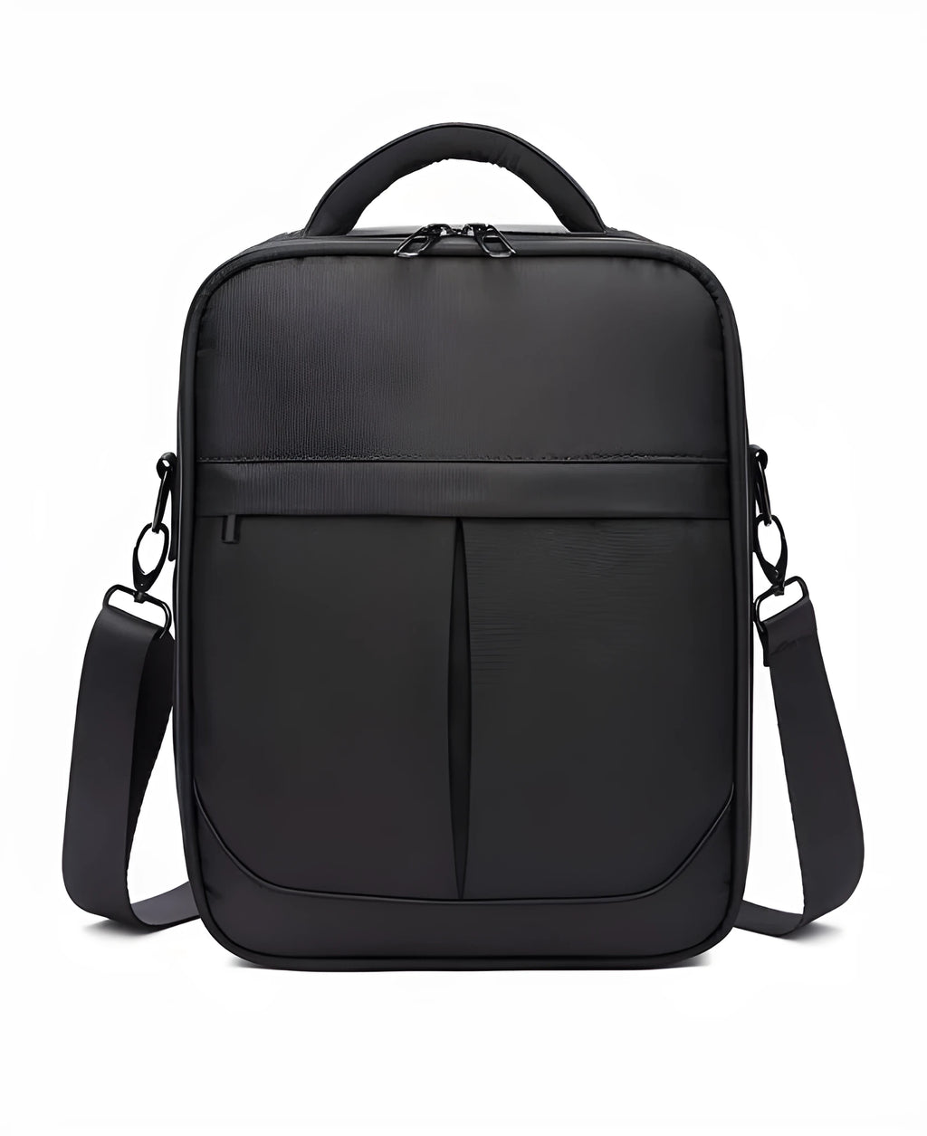 Black oxford fabric men's messenger shoulder bag showing dimensions of 24cm wide by 31cm tall