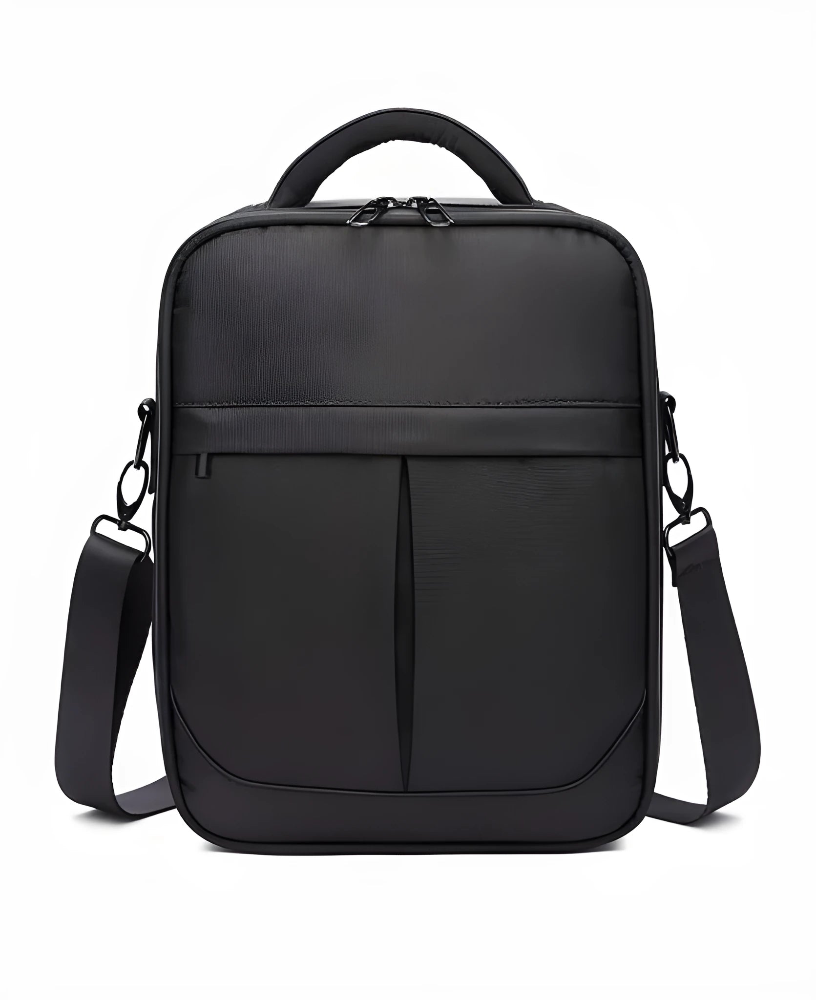 Black oxford fabric men's messenger shoulder bag showing dimensions of 24cm wide by 31cm tall