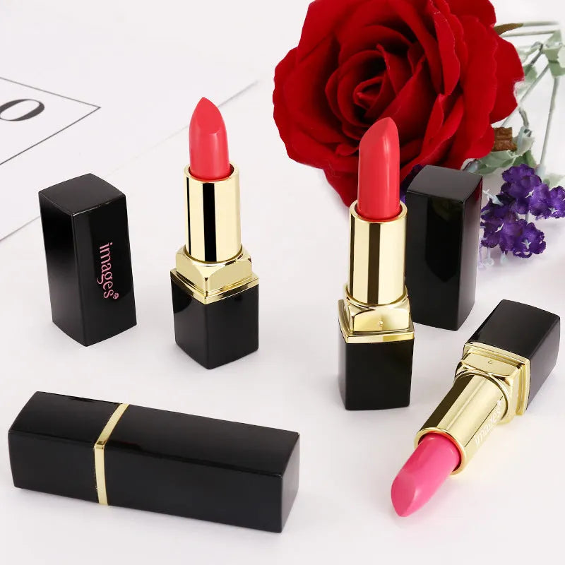 Moisturising lipstick lip gloss stick in a case with 10 colour options shown, including coral red and retro red.