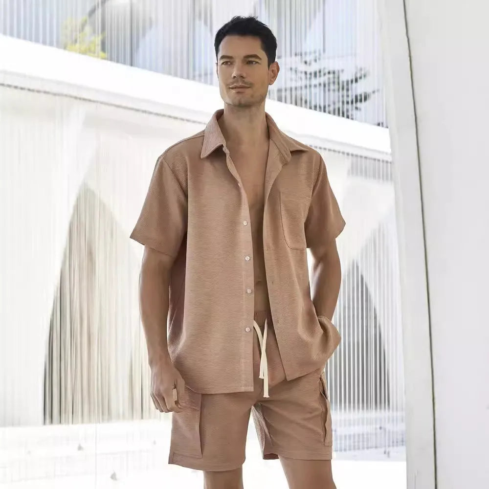 Young adult polyester two-piece clothing set with short sleeve top and elastic waist shorts in beige colour