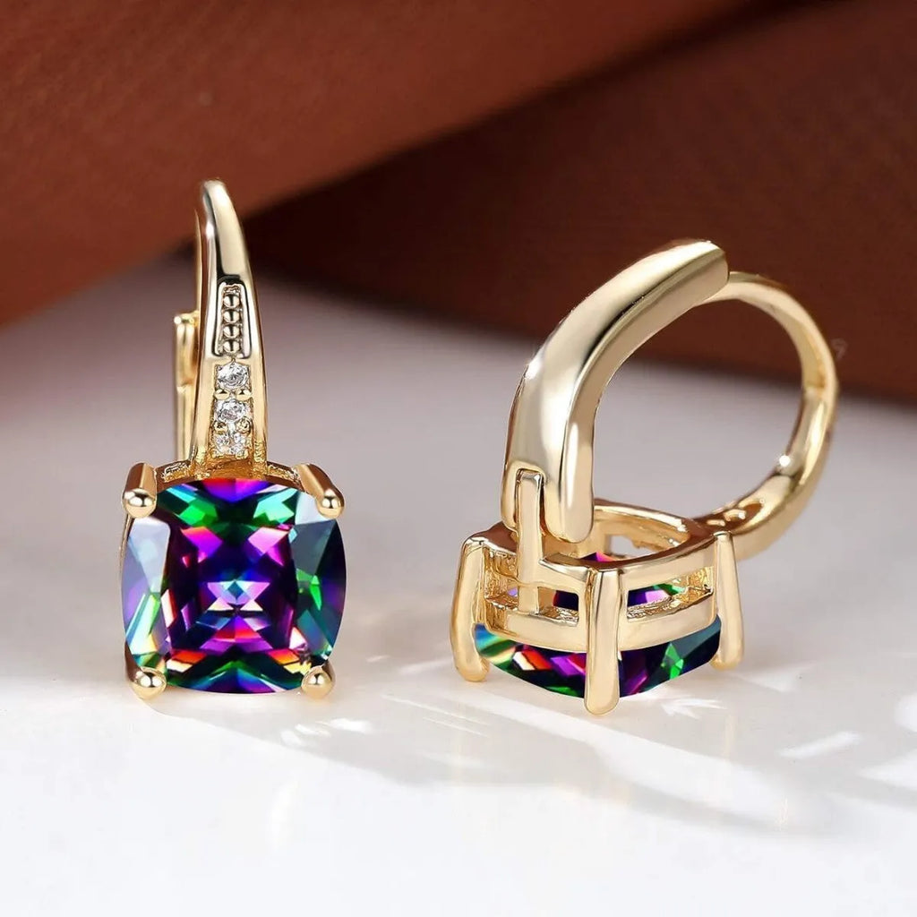 Square geometric copper ear clip earrings with colourful moissanite inlay and electroplated gold finish.