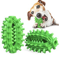 Green cactus-shaped dog chew toy with bumps and a central channel for dental care