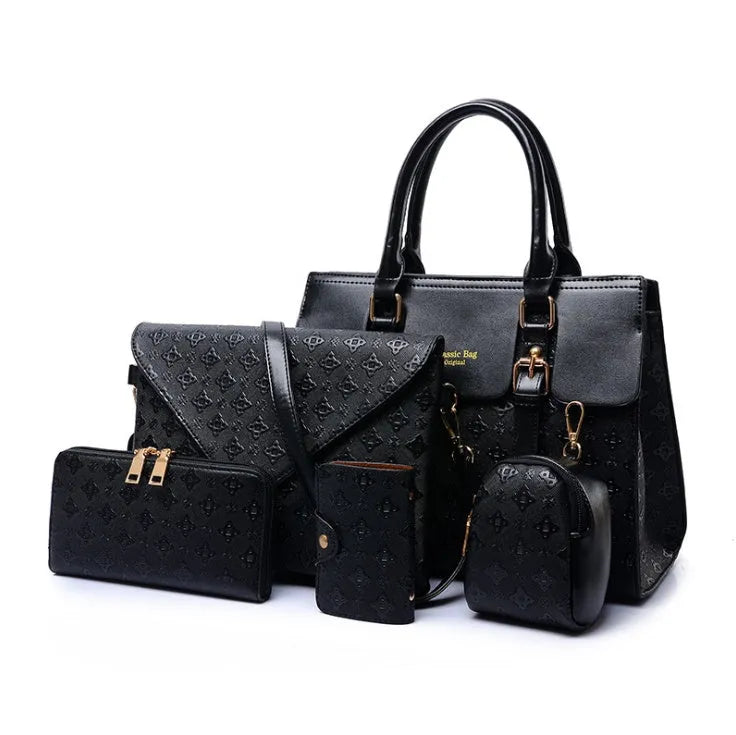 Black PU luxury leather handbag set with zip opening, polyester lining, and internal phone and ID pockets