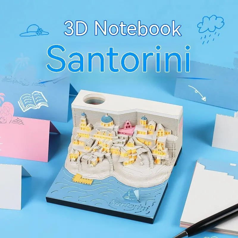 Santorini 3D notepad with special paper, 166 pages, 9 x 9 x 5cm Santorini beach building model