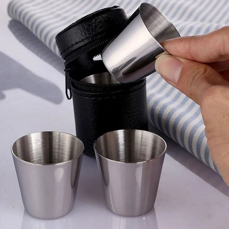 30 ml stainless steel cups with PU leather holder, silver, 4 or 6 cup set
