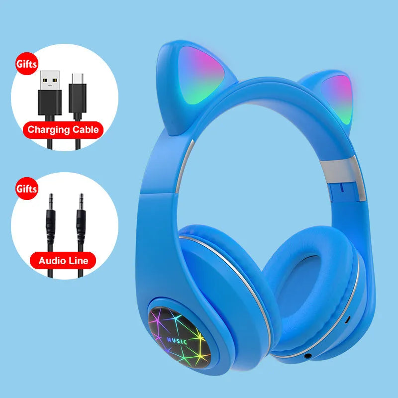 Wireless cat ear Bluetooth headset in multiple colours, showing head-mounted design for sports and music.