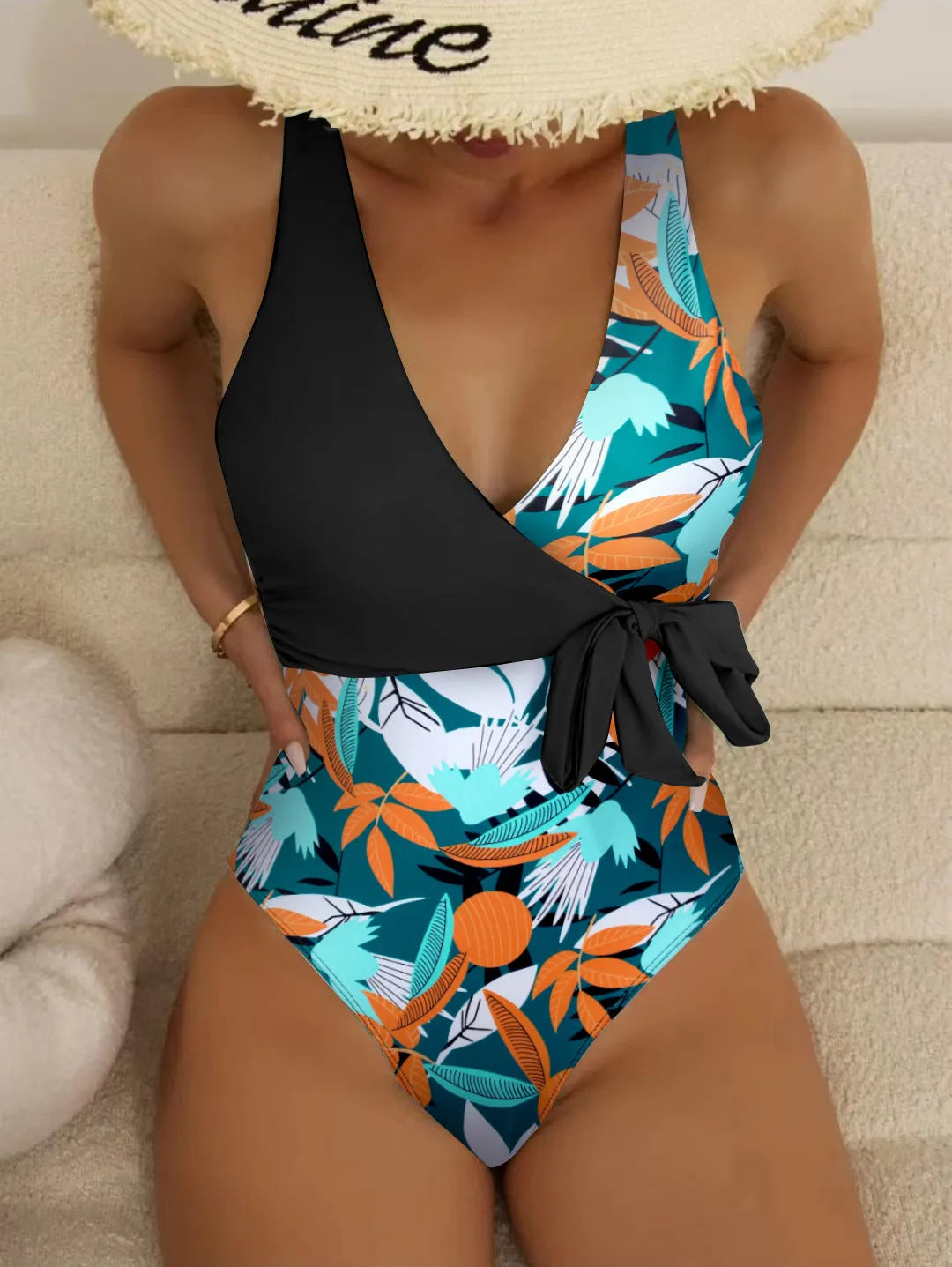 Women's high-waist one-piece bikini in printed polyester fabric