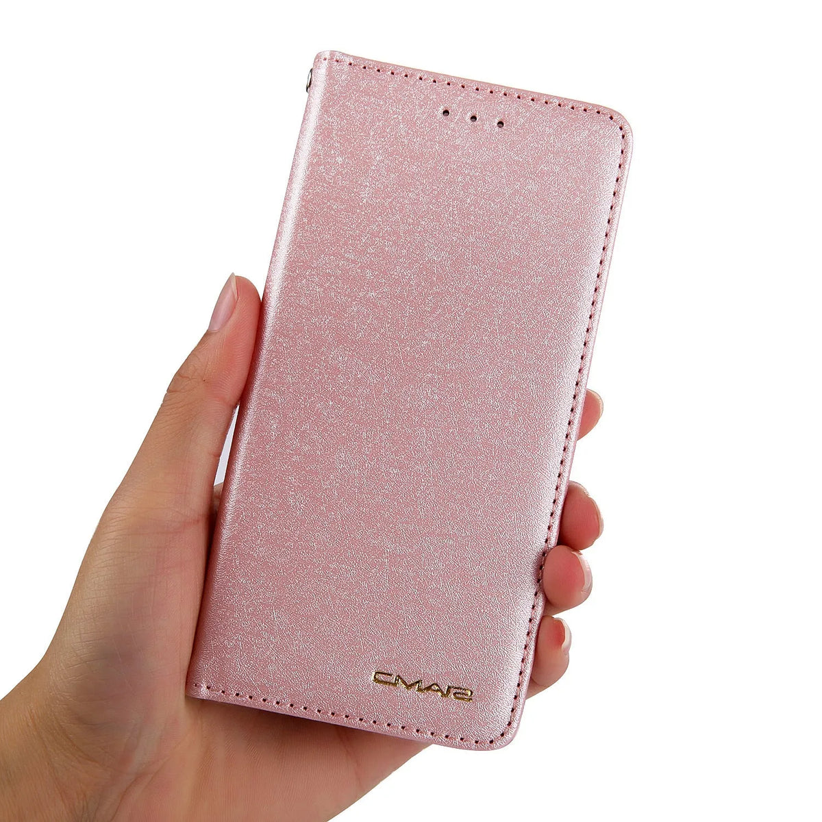 Apple iPhone flip case in PU leather with a built-in card slot, shown in various colours.