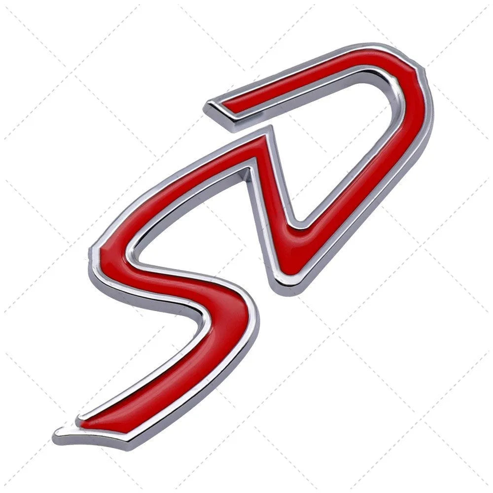 Metal car bumper sticker with SD pattern in red silver colour scheme measuring 7.7 by 2.9 centimetres