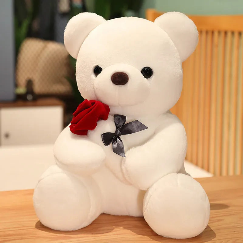 Rose bear plush doll in beige, brown, or grey colour with soft short plush fabric and cartoon design