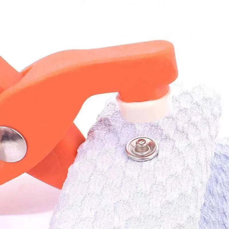 Stainless steel five claw no-sew clothing button and application pliers for children's garments.