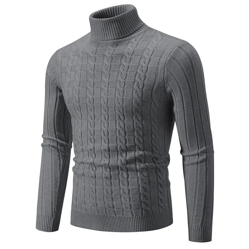 Man wearing a milky white slim-fit twist design turtleneck pullover made of chenille fabric.