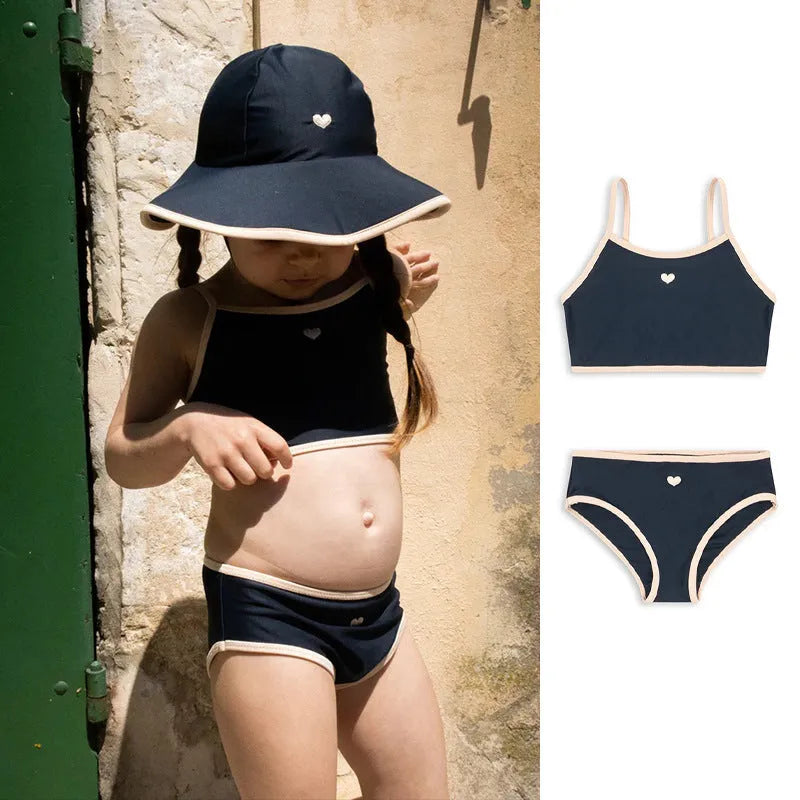Girls' dark blue split swimsuit briefs style for ages 1-6 years with high elasticity polyester and Lycra fabric
