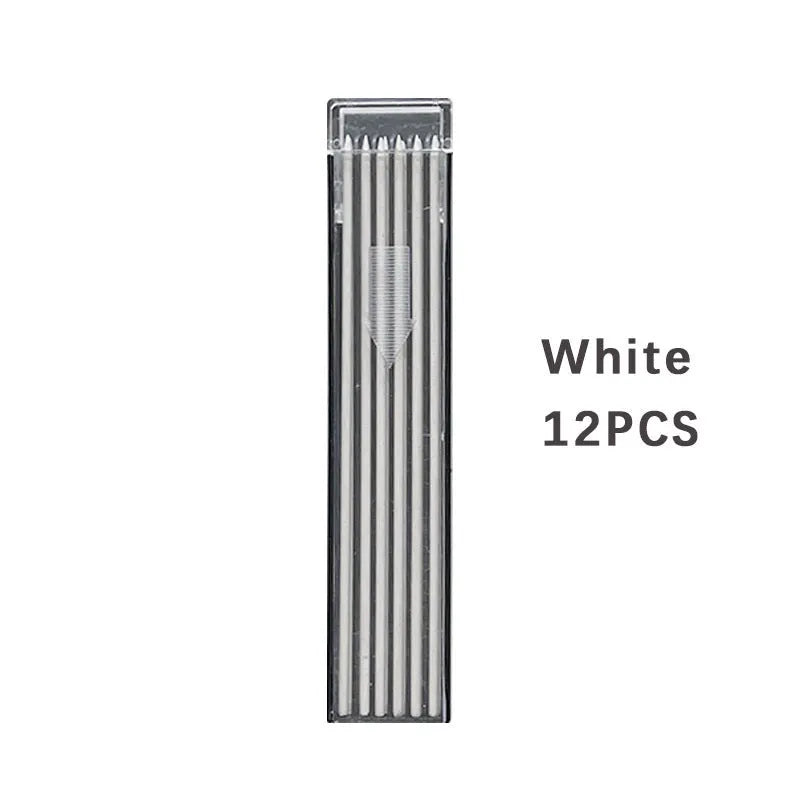 Plastic box containing 12 refill leads for a 0.5mm mechanical pencil in various colours.