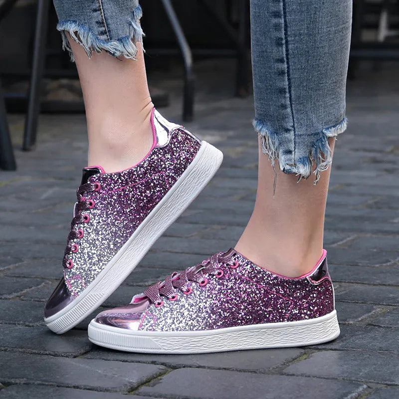 Women's colourful sequin low-top shoes with PU sequin upper, leather lining, rubber sole, front lace-up, black pink gold