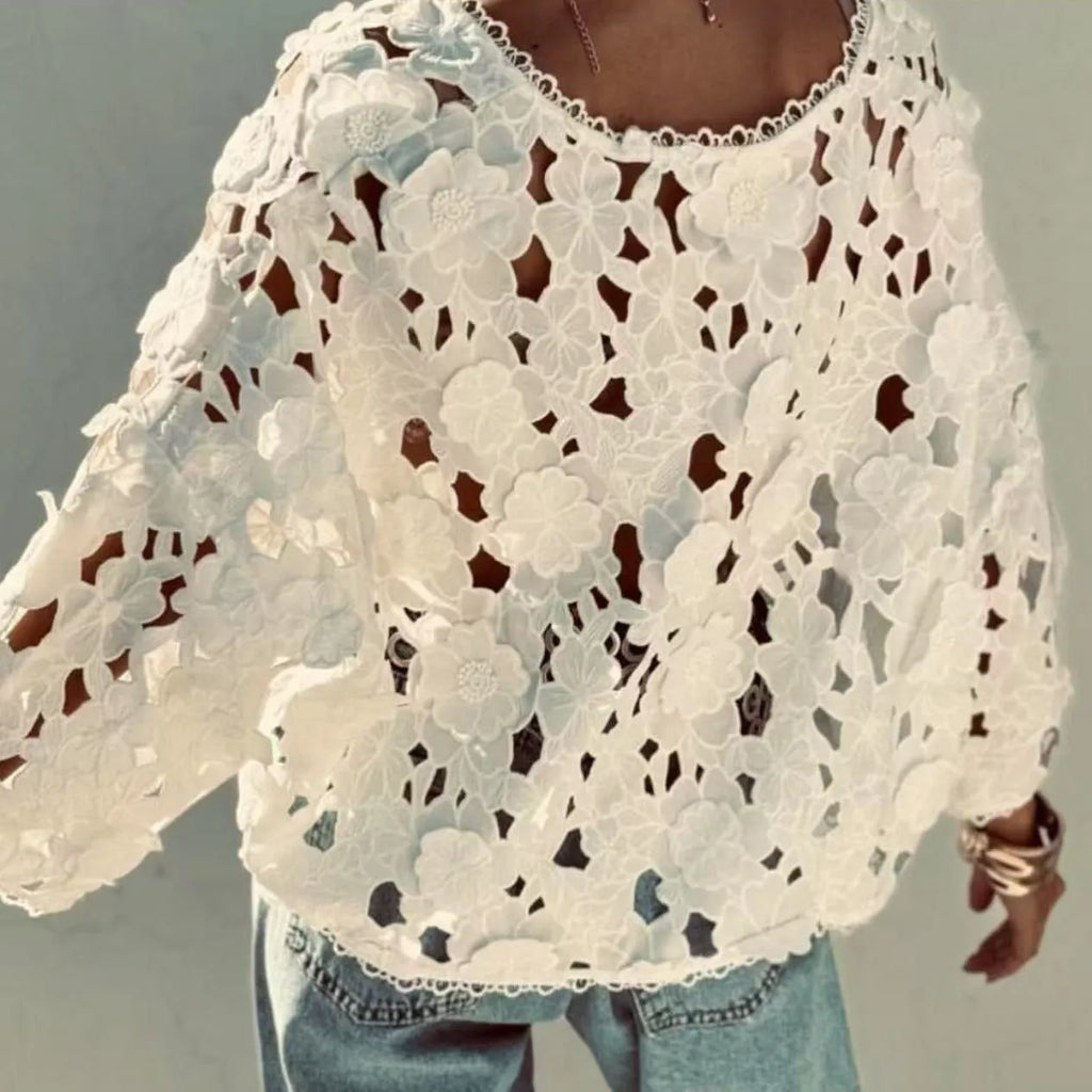 Women's lace V-neck cardigan with three-dimensional floral sleeves in loose fit street fashion style