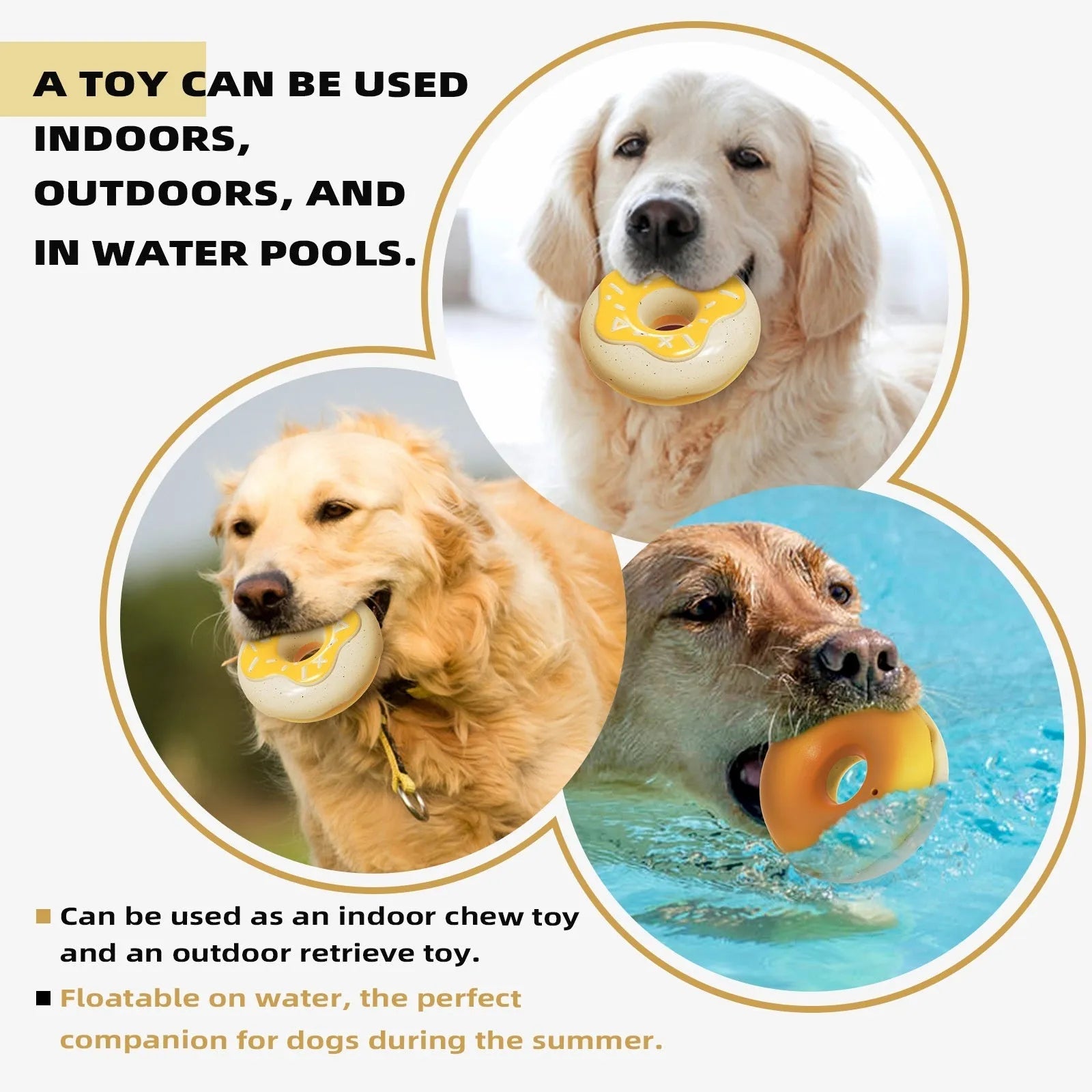 TPR donut dog toy with squeaker for molar cleaning in chocolate, pink or yellow colours