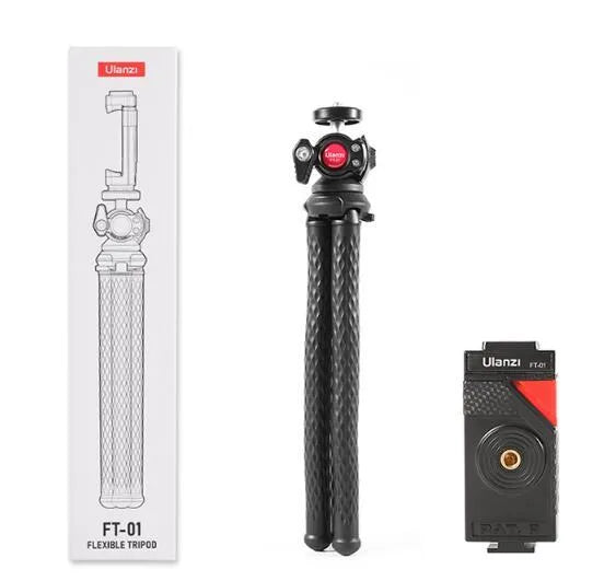 Black octopus leg mobile phone tripod gimbal set with phone clip attached, FT-01 model.