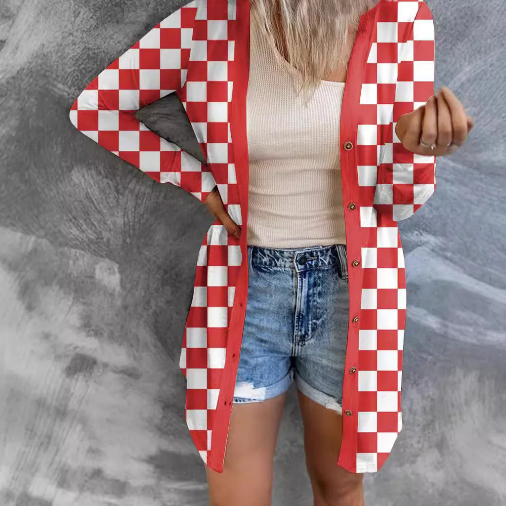Women's long grey plaid knitted cardigan coat with a loose fit on a hanger.