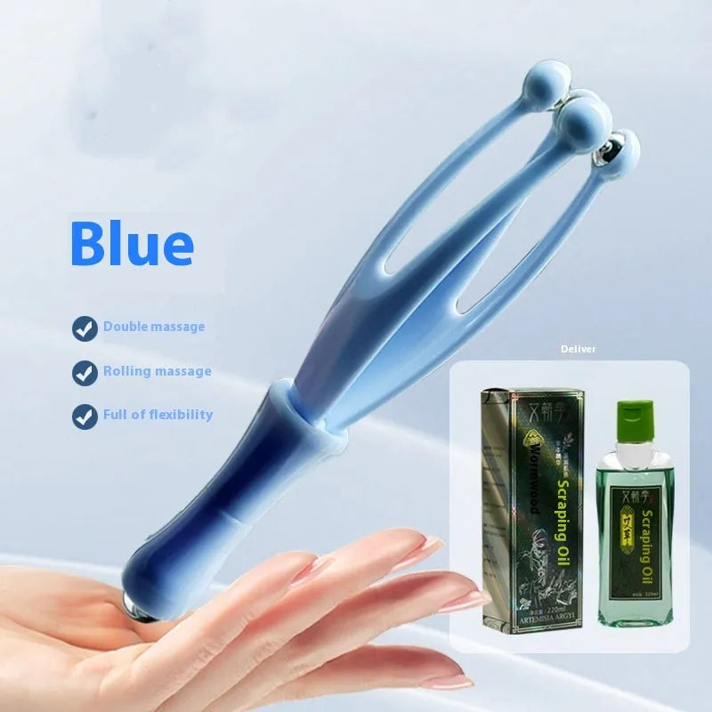 Blue and white PP plastic finger massager with visible steel ball rollers for hand joint care.
