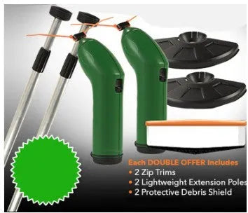 Cordless Zip Trim lawn trimmer with extension pole and protective shield on a garden lawn