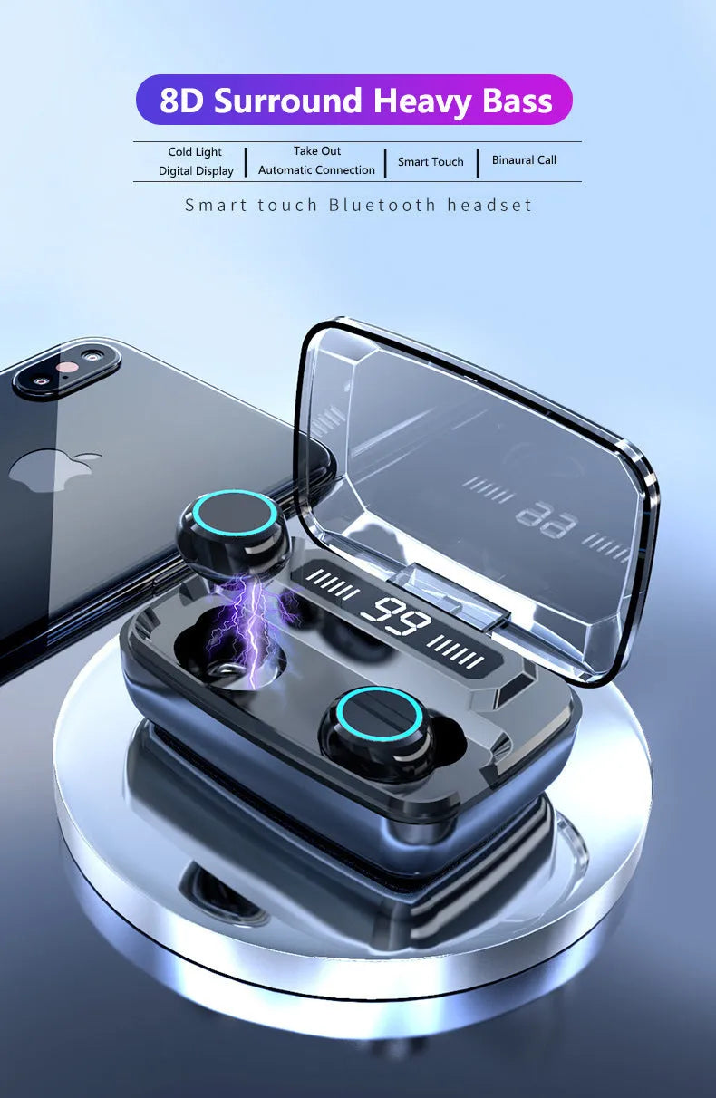 Black M11 style Bluetooth wireless in-ear headphones with a charging case showing a digital power display.