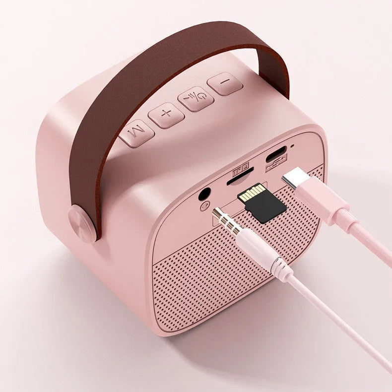 Compact portable Bluetooth speaker with built-in microphone in white pink or blue plastic case