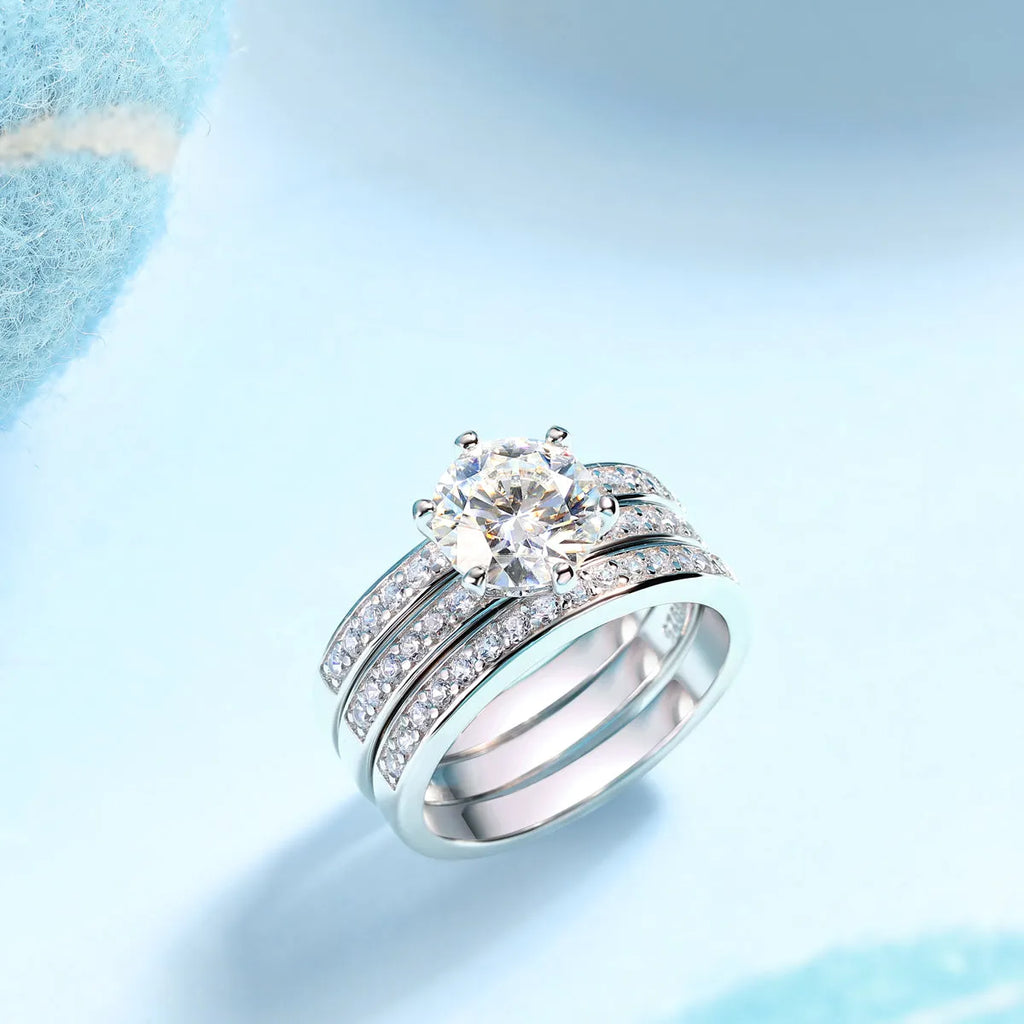2 carat moissanite wedding ring set in S925 silver with platinum plating, sizes 5 to 9, gift box