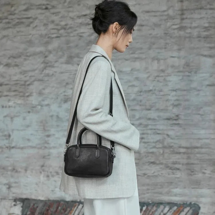 Genuine top grain leather crossbody handbag for women with horizontal square shape in black