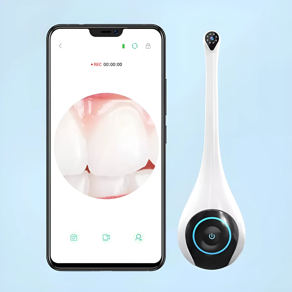 White visual dental mirror endoscope with 1080P HD camera, 6 LED lights, Bluetooth link, and mobile phone compatibility.