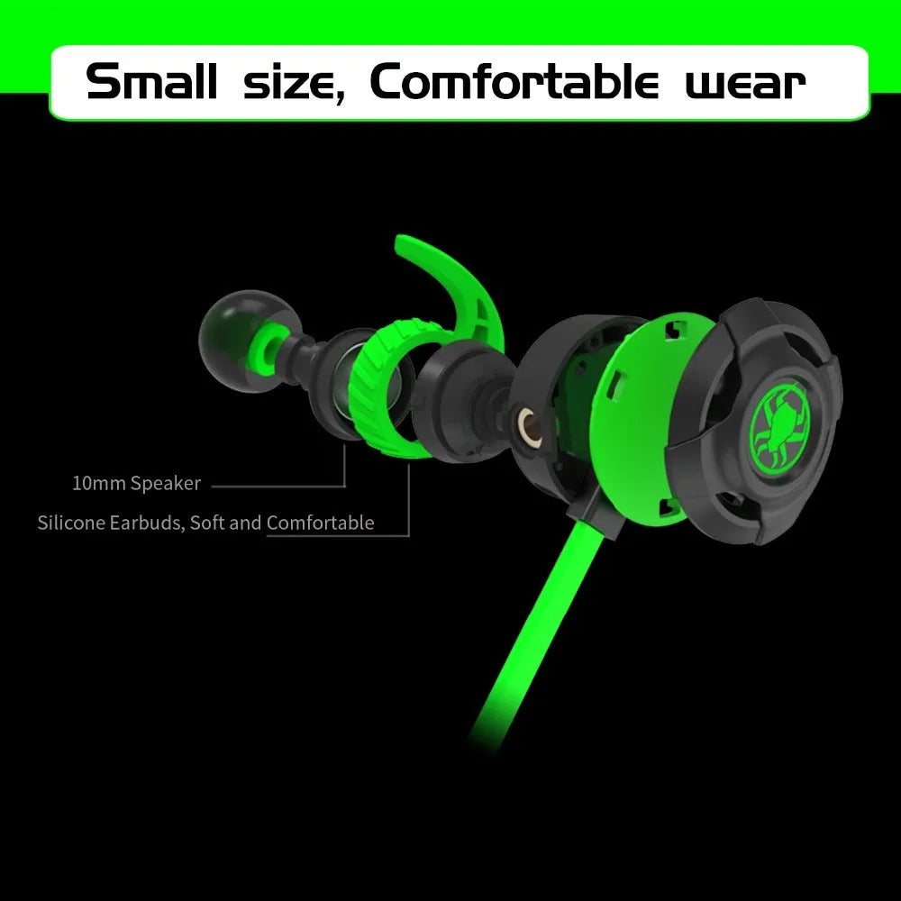 Shuangmai wired in-ear gaming headset in black, green, and red colours with a short cable.