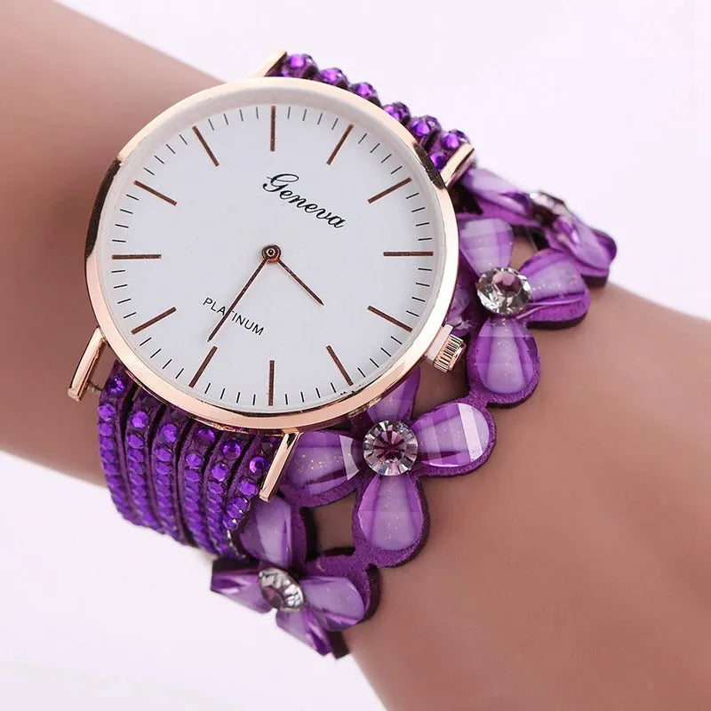 Ladies Geneva flower dial quartz watch with crystal diamond bezel and bracelet strap in black, blue, coffee, red or white