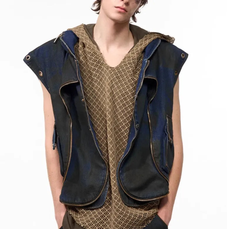 Blue hooded denim vest coat and matching trousers Korean style outfit set