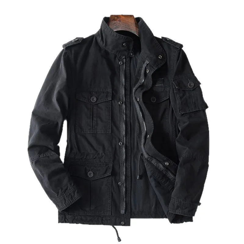 Men's loose fit cotton twill jacket in light coffee colour with zip front, shown on a hanger.