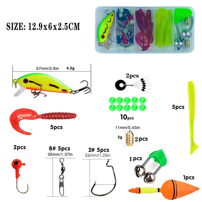 Children's fishing rod set with pole and reel in blue, green, red, or yellow colours with accessory box