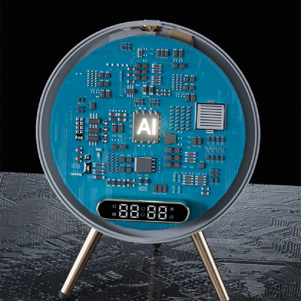 Multi-function LED mirror alarm clock with wireless charger and Bluetooth speaker in white or blue, 210 x 60 x 160mm