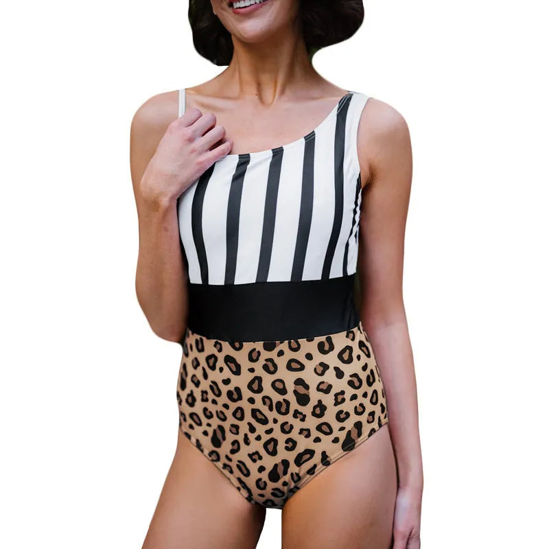 Leopard print women's one-piece swimsuit with asymmetric collar and high-waisted briefs