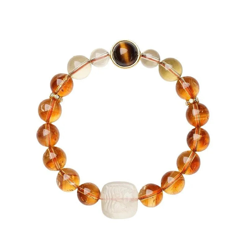 Women's ethnic carved citrine bracelet with 10mm geometric crystal beads