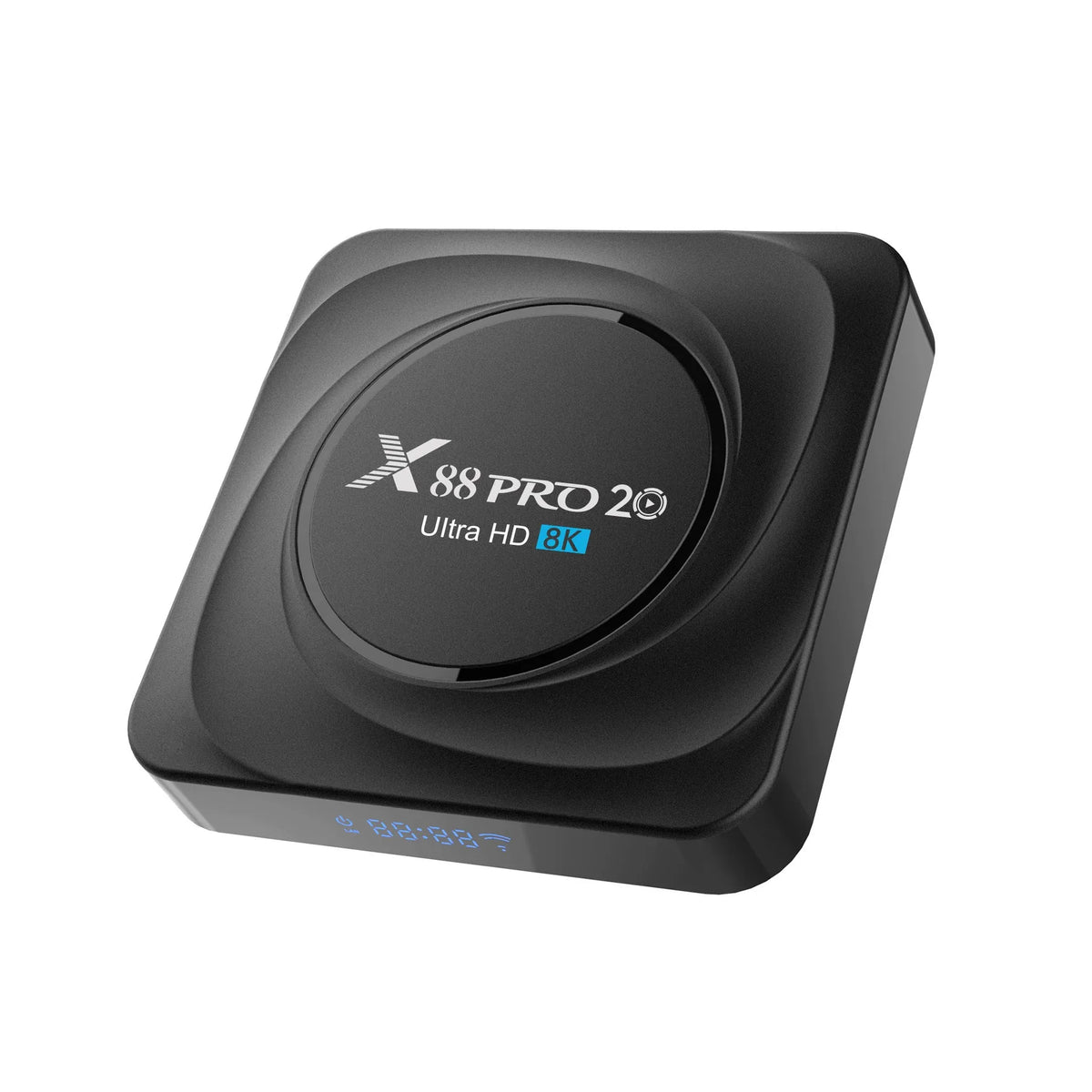 Compact black Android 11 smart TV box with HDMI port, remote control, and cables on a white background.